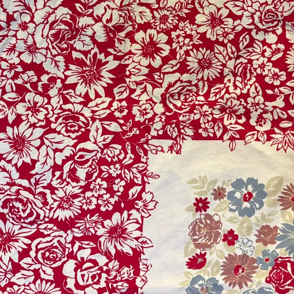 Vintage Mid Century Floral Tablecloth Red Blue 48x58 Cottagecore